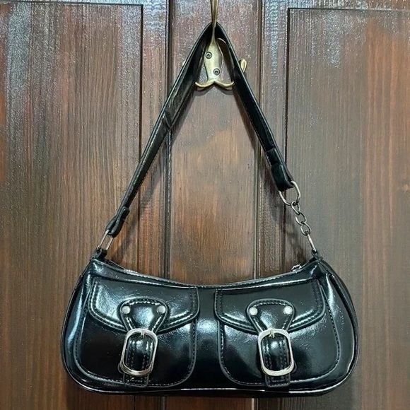 Chic Black Leather Shoulder Bag with Buckle Accents